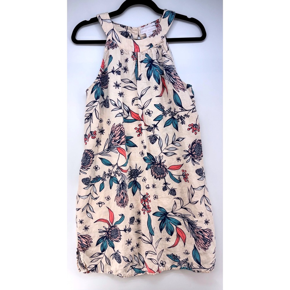 Botanical Print Floral Linen Sleeveless Dress Sz M Cottagecore Boho Euro Summer